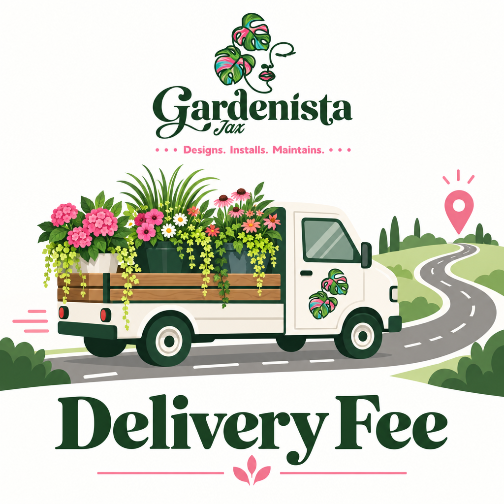 Delivery truck driving planters on a road toward town. 