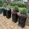 Black planters with flowers on a patio