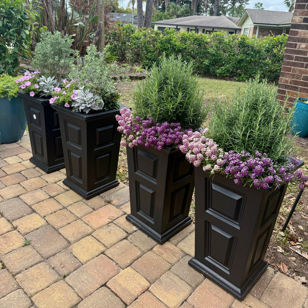 Black planters with flowers on a patio