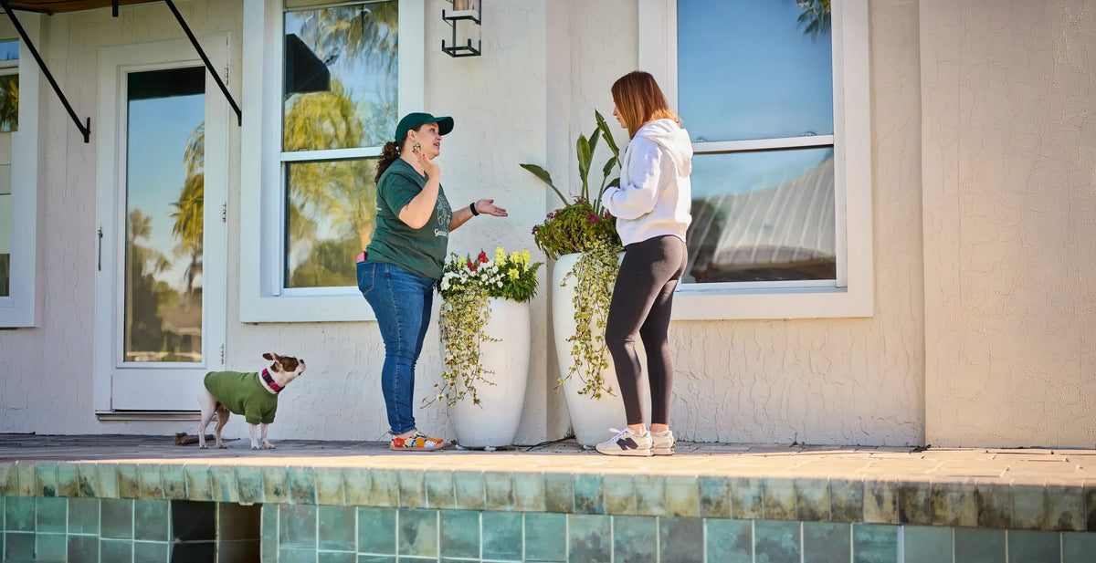 India talking to a client next to a pool and her dog