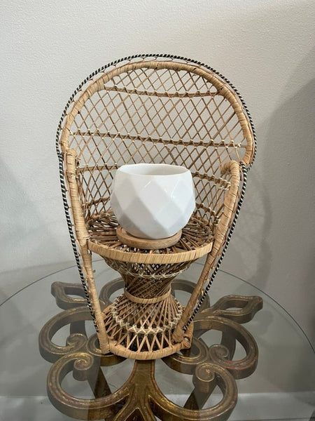 Geometric White Planter with Bamboo Saucer
